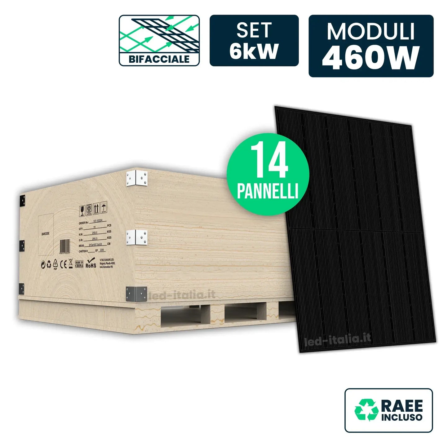 Set 6kW con 14 Pannelli Solari 460W Bifacciali TOPCon Full Black 1722x1134x30mm