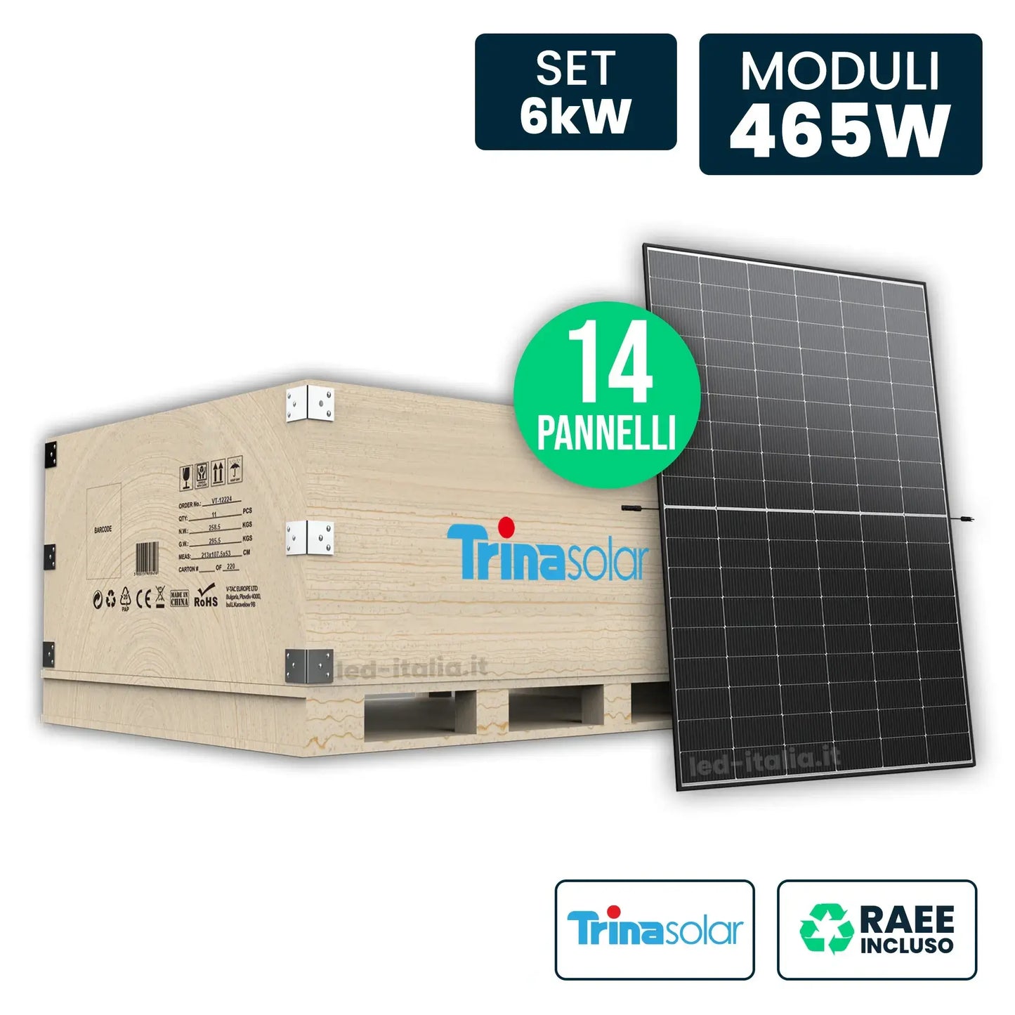 Set 6kW con 14 Pannelli Solari 465W Trina i-TOPCon Doppio Vetro Black Frame 1762x1134x30mm