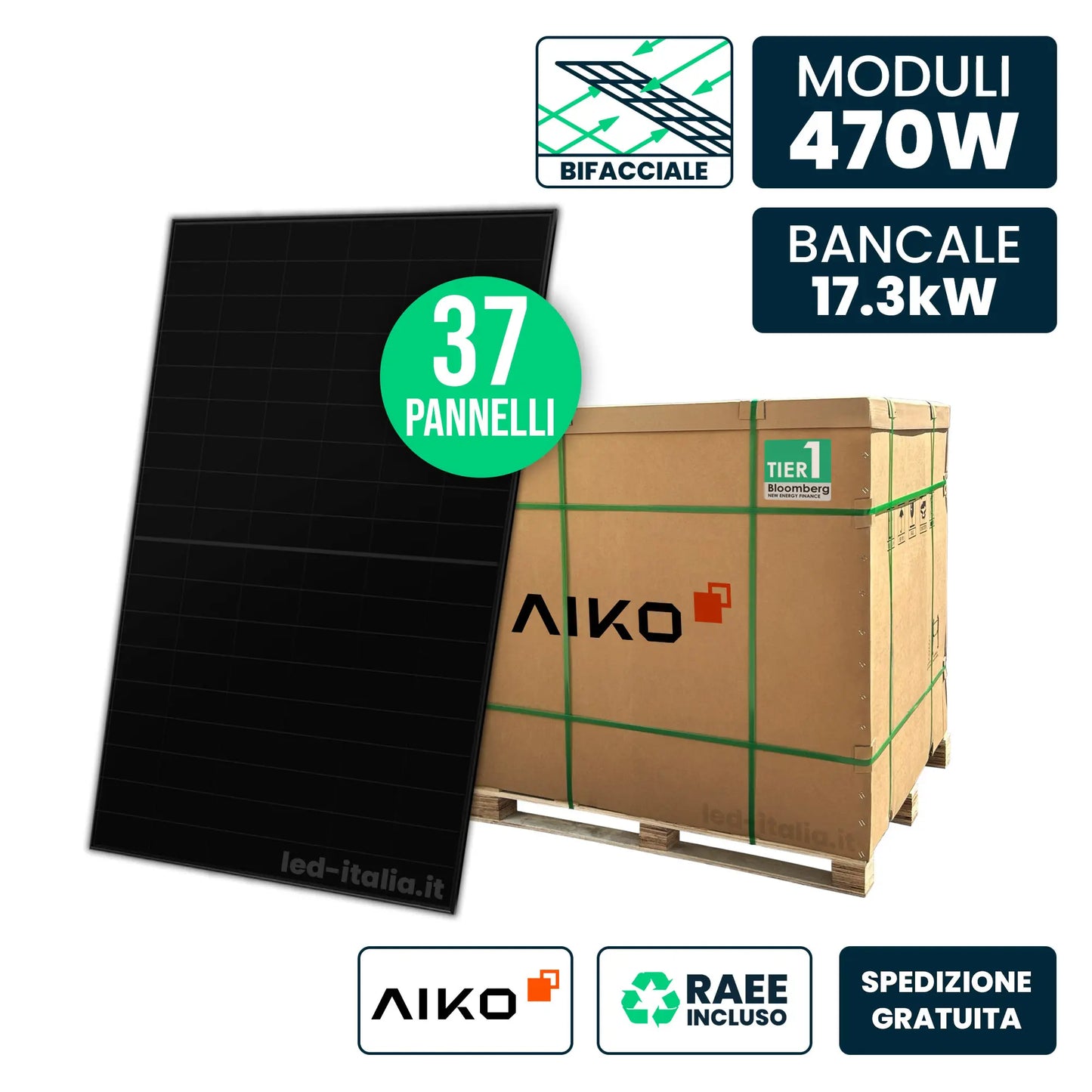 Bancale 17kW con 37 Pannelli Solari AIKO 470W TIER-1 N-Type ABC Bifacciali Full Black 1757x1134x30mm