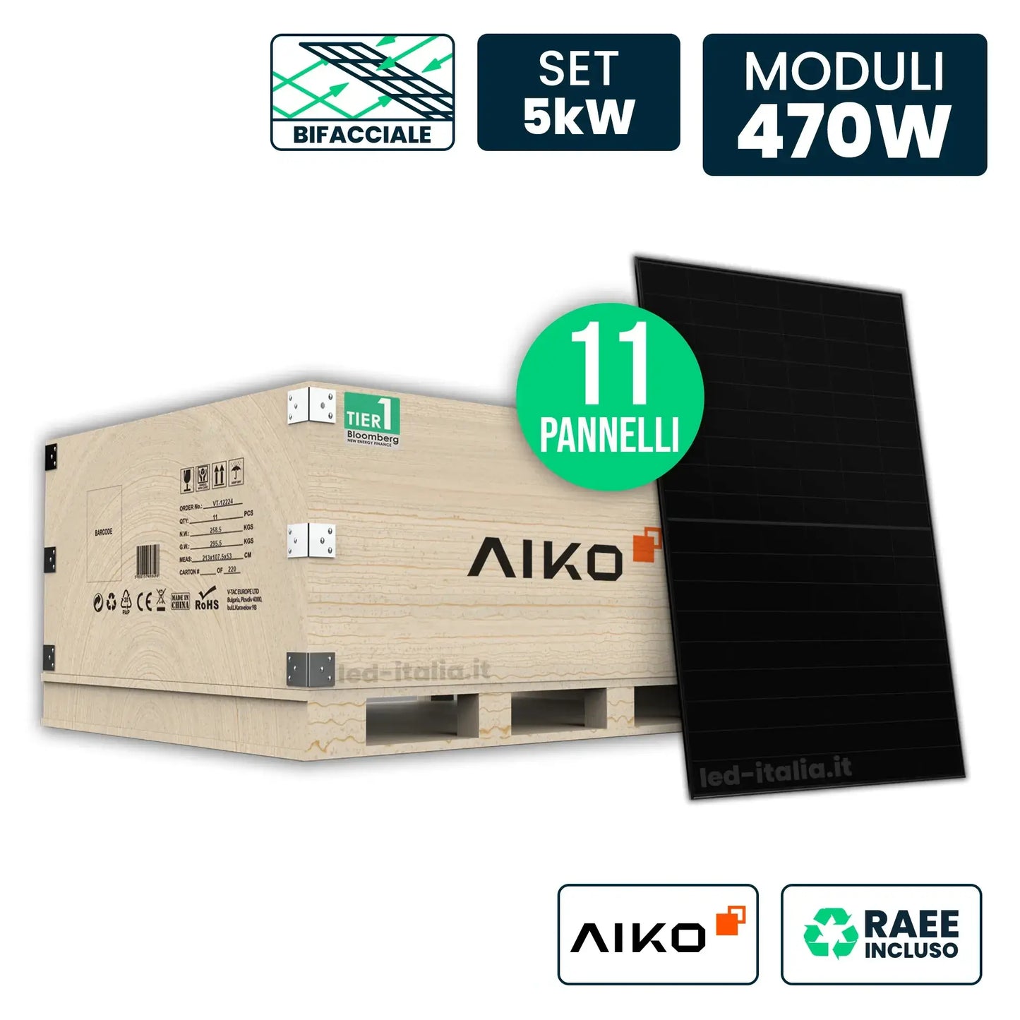 Set 5kW con 11 Pannelli Solari AIKO 470W TIER-1 N-Type ABC Bifacciali Full Black 1757x1134x30mm