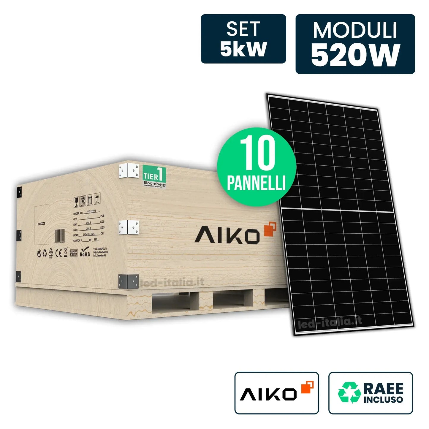 Set 5kW con 10 Pannelli Solari AIKO 520W TIER-1 N-Type ABC Black Frame 1954x1134x30mm
