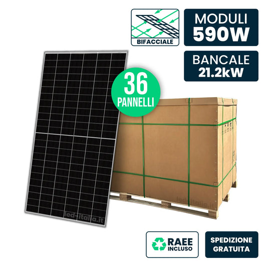 Bancale 21.2kW con 36 pannelli 590W N-Type TOPCon Bifacciali Silver Frame 2278x1134x30mm