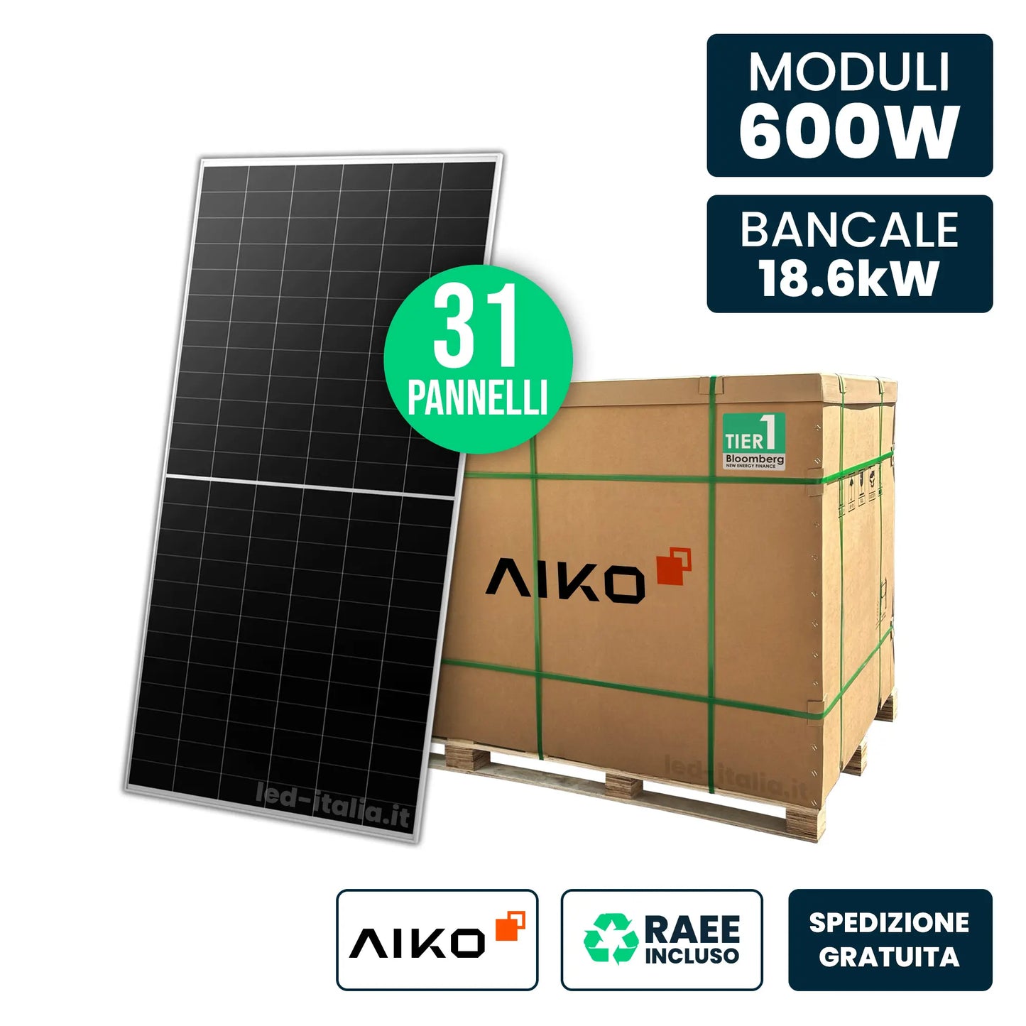 Bancale 18kW con 31 Pannelli Solari AIKO 600W TIER-1 N-Type ABC Silver Frame 2278x1134x35mm