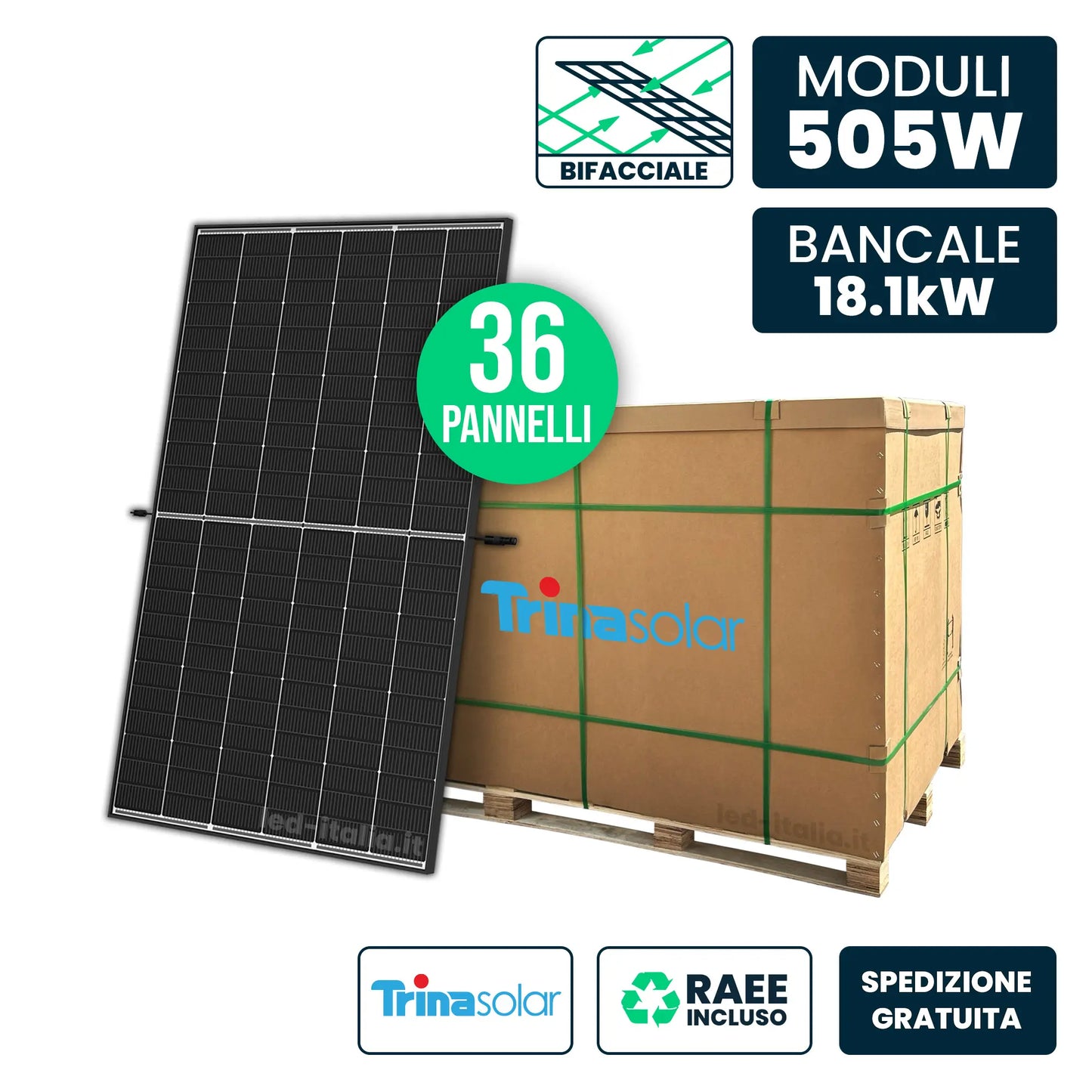Bancale 18.18kW con 36 Pannelli Solari 505W Trina Vertex S+ i-TOPCon Bifacciali Full Black 1961x1134x30mm