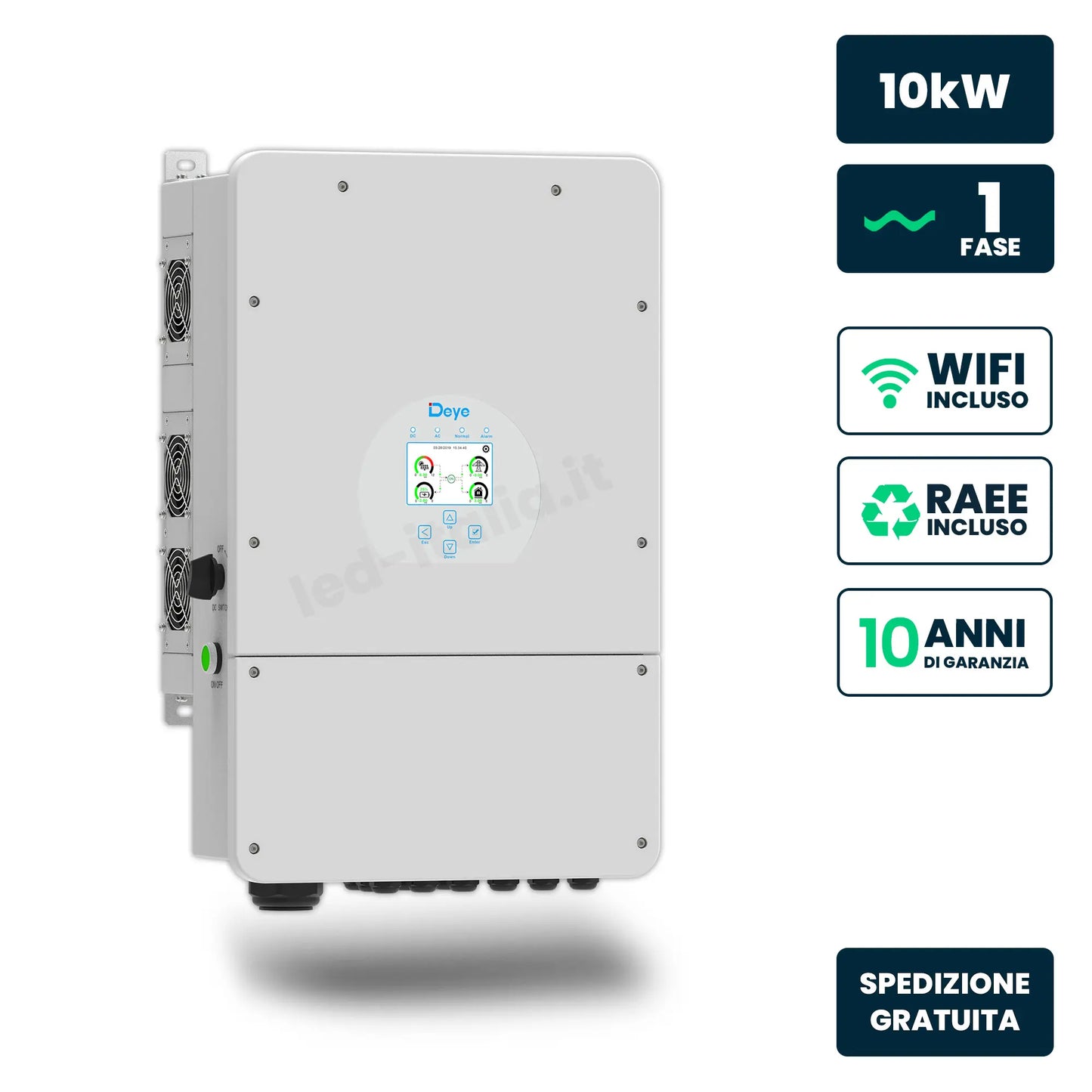 Inverter Ibrido Monofase LV Deye 10kW WiFi senza CEI 0-21 Bianco IP65