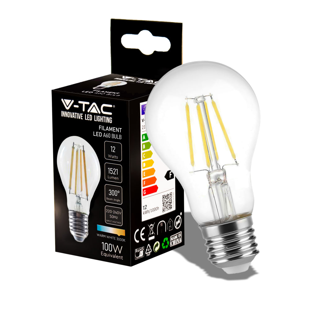12W A60 LED Filament Bulb Clear Cover with 3000K E27