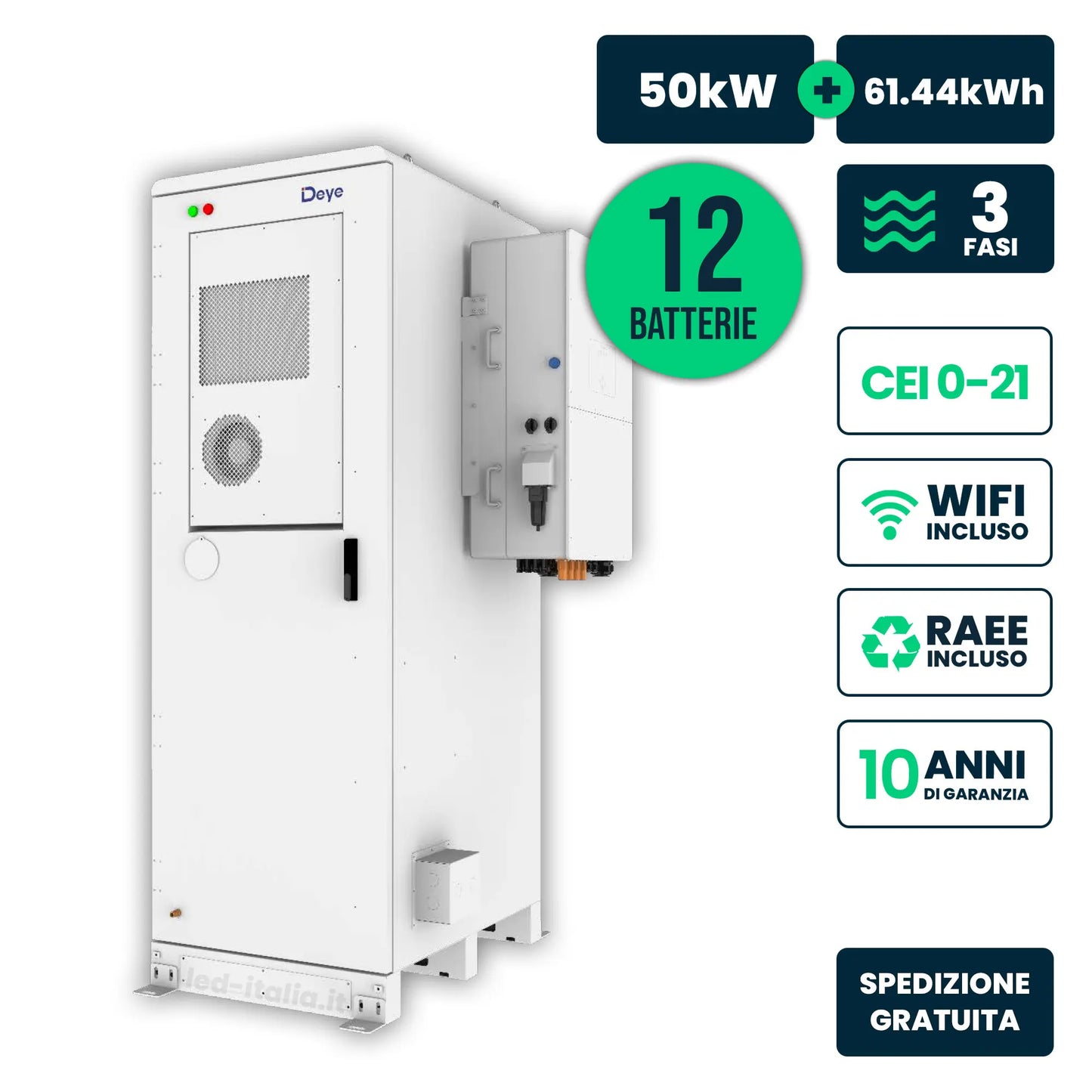 Kit Fotovoltaico Alta Tensione Deye con Inverter Ibrido Trifase 50kW e Accumulo LiFePO4 61.44kWh CEI 0-21 CEI 0-16, WiFi e TA Inclusi, Garanzia 10 Anni IP55