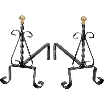 ALARI CAMINO TORTIGLIONE + RICCI - FERRO BATTUTO + POMI OTTONE CM 35 H.CM 30 CF=PZ 2