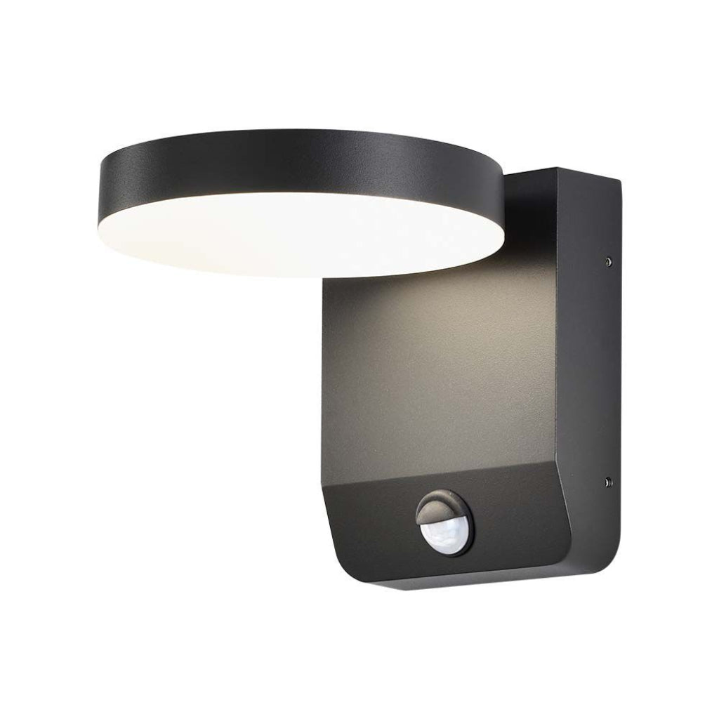 17W LED Wall Light with Sensor 3000K Black Body Round IP65