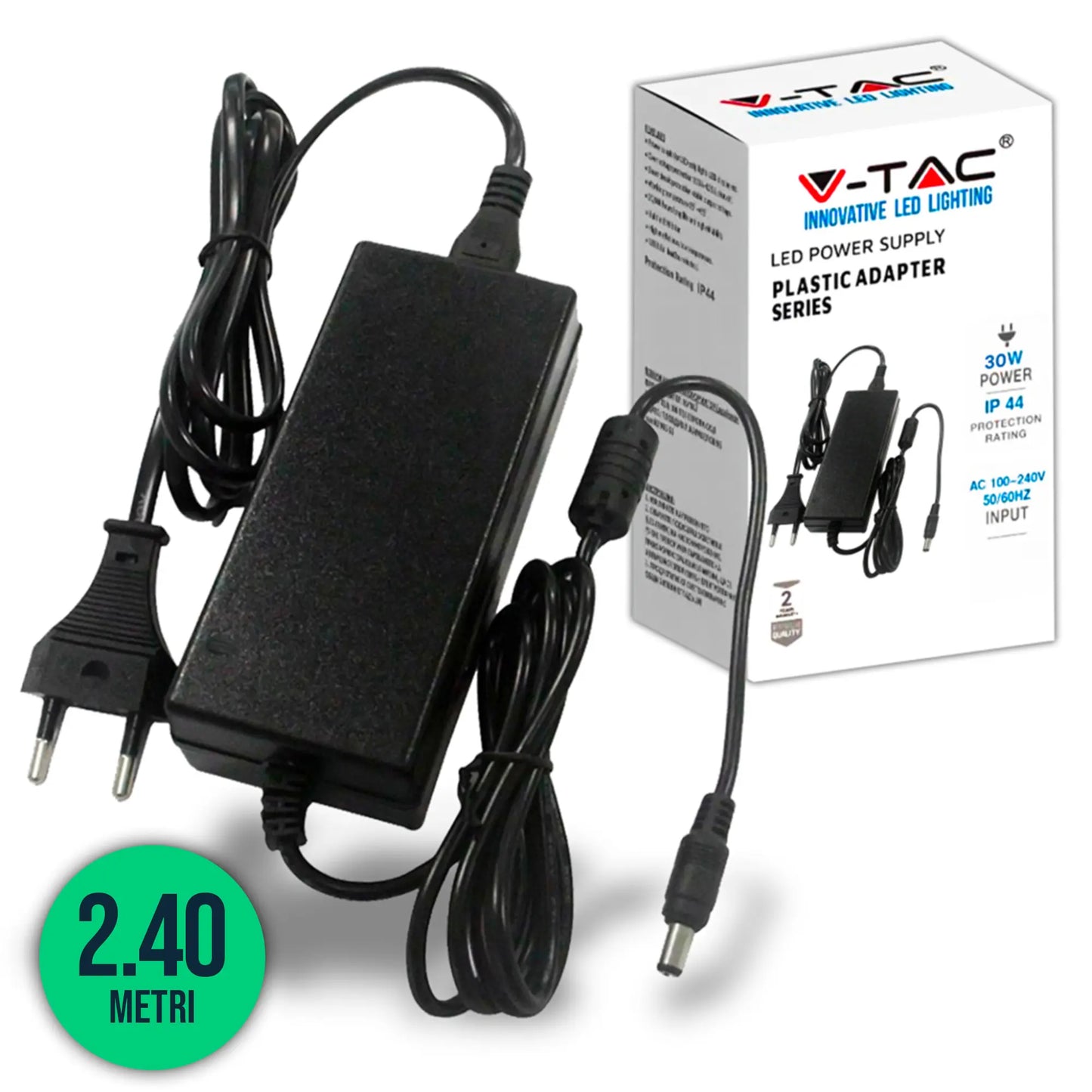 Plastic Power Supply 30W 12V 2.5A Plug and Play with 2.1 Jack Black Color 2.4m Cable IP44