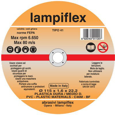 DISCO ABRASIVO TAGLIO PVC LAMPIFLEX - MM 115X22,2 H.MM 1,6