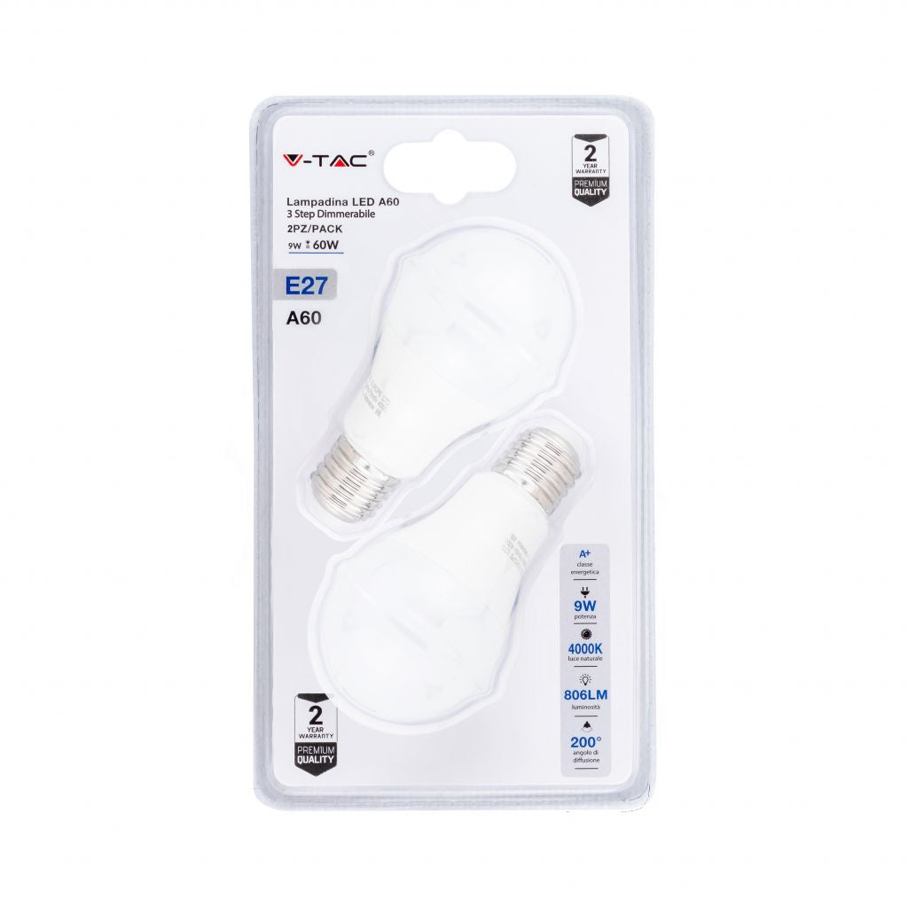 LED Bulb - 9W E27 A60 Thermoplastic 3Step Dimming 4000K (Blister 2 Pezzi)