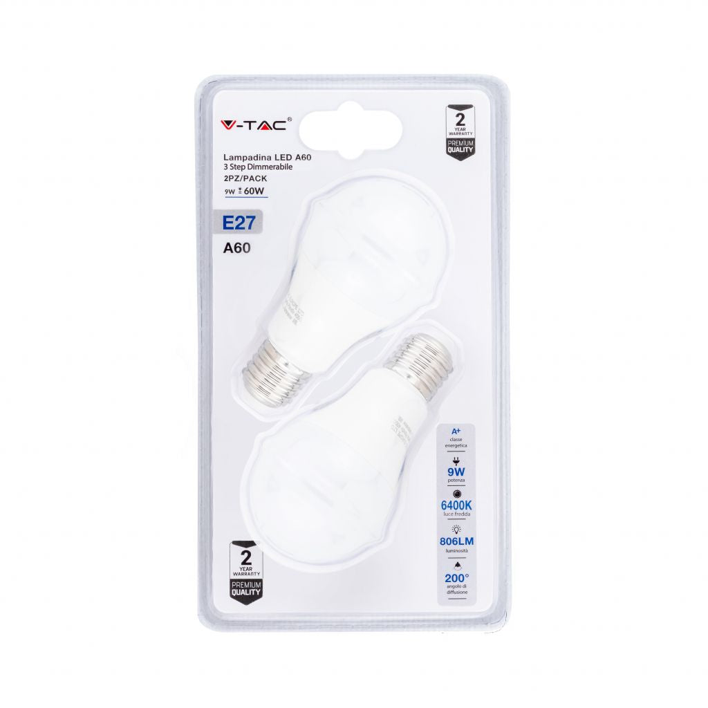 LED Bulb - 9W E27 A60 Thermoplastic 3Step Dimming 6400K (Blister 2 Pezzi)