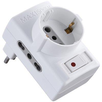 ADATTATORE TRIPLO 10A-16A+SCHUKO ELECTRALINE - BIANCO 2P+T ASIMMETRICO + INTERRUTTORE TERMICO