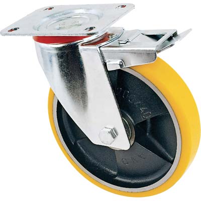 RUOTA A FORCELLA GIREVOLE + FERMO 24 AVO - A/ZINCR/POL.GIAL D/GHISA D.MM 100X25 P.MM 100X85