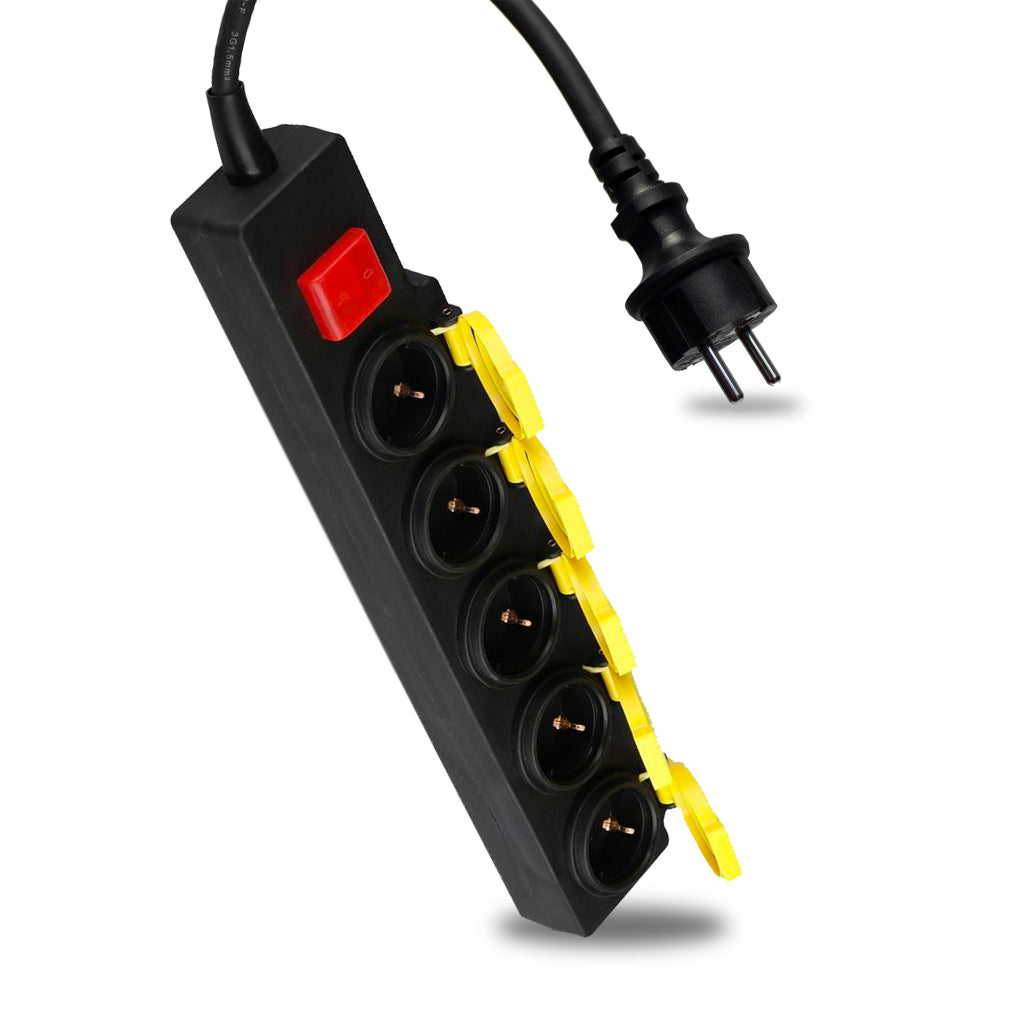 5 Ways Socket with Lighted Switch 3G 1.5mm*3m IP44 Black + Yellow