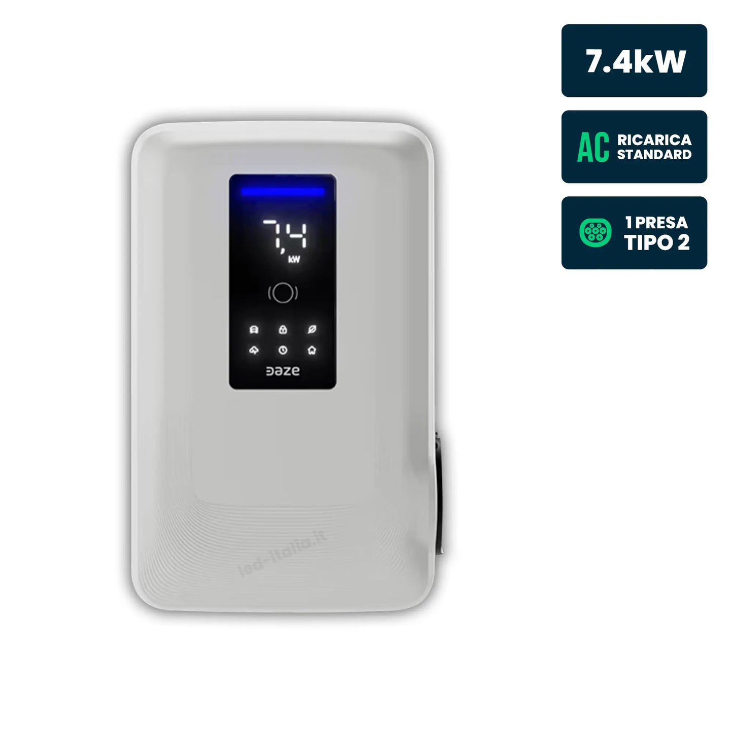 Stazione di Ricarica Dazebox Home S 7.4kW Monofase 32A, IP55 IK10, WiFi e Bluetooth, Wall Box Bianco con Schermo e Connettore Tipo 2, 3 Tessere RFID Incluse