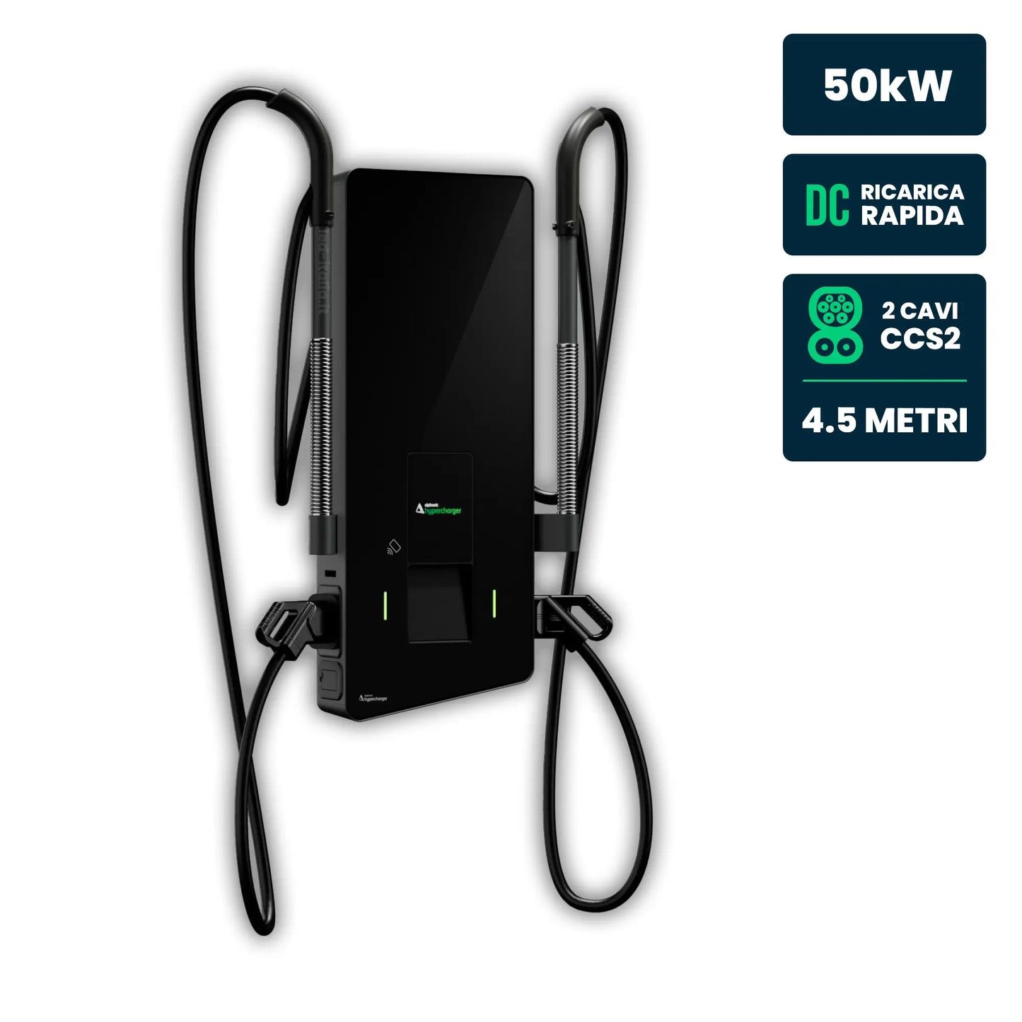 Hypercharger DC 2x25kW Doppio Cavo 4.5m IP55 IK10 Display Colori 10" e RFID
