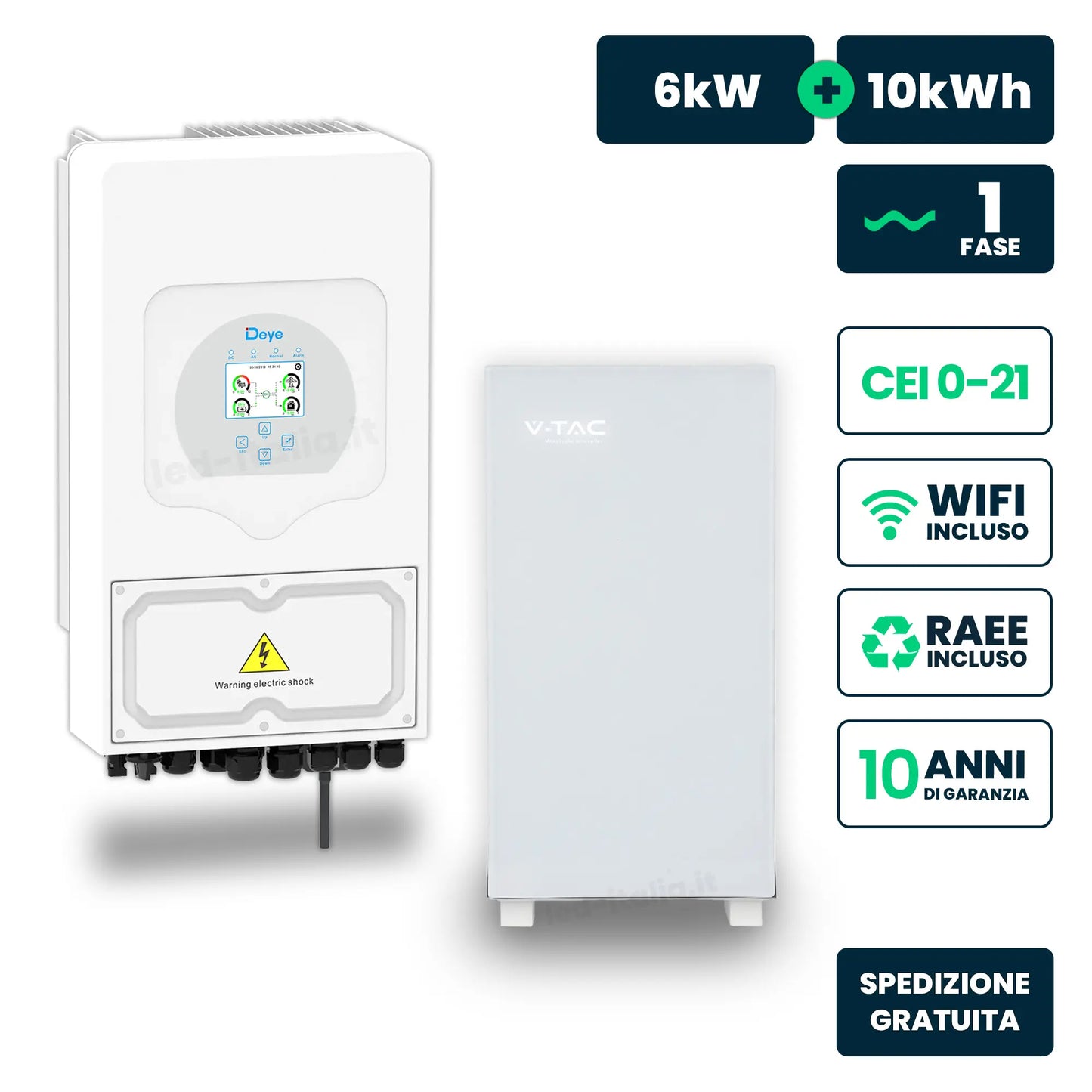 Kit Fotovoltaico Monofase Ibrido LV 6kW+10kWh LFP CEI 0-21 Bianco