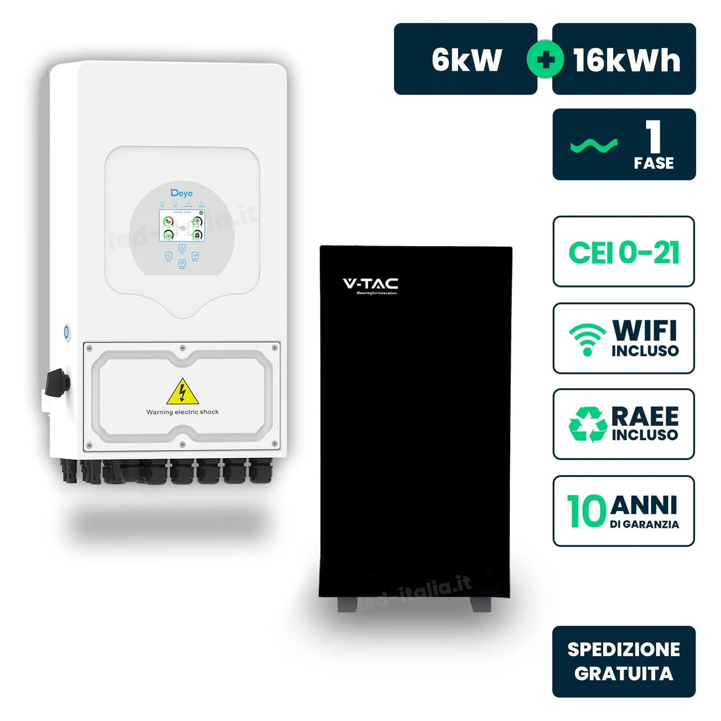 Kit Fotovoltaico Monofase Ibrido LV 6kW+16kWh LFP CEI 0-21 Nero