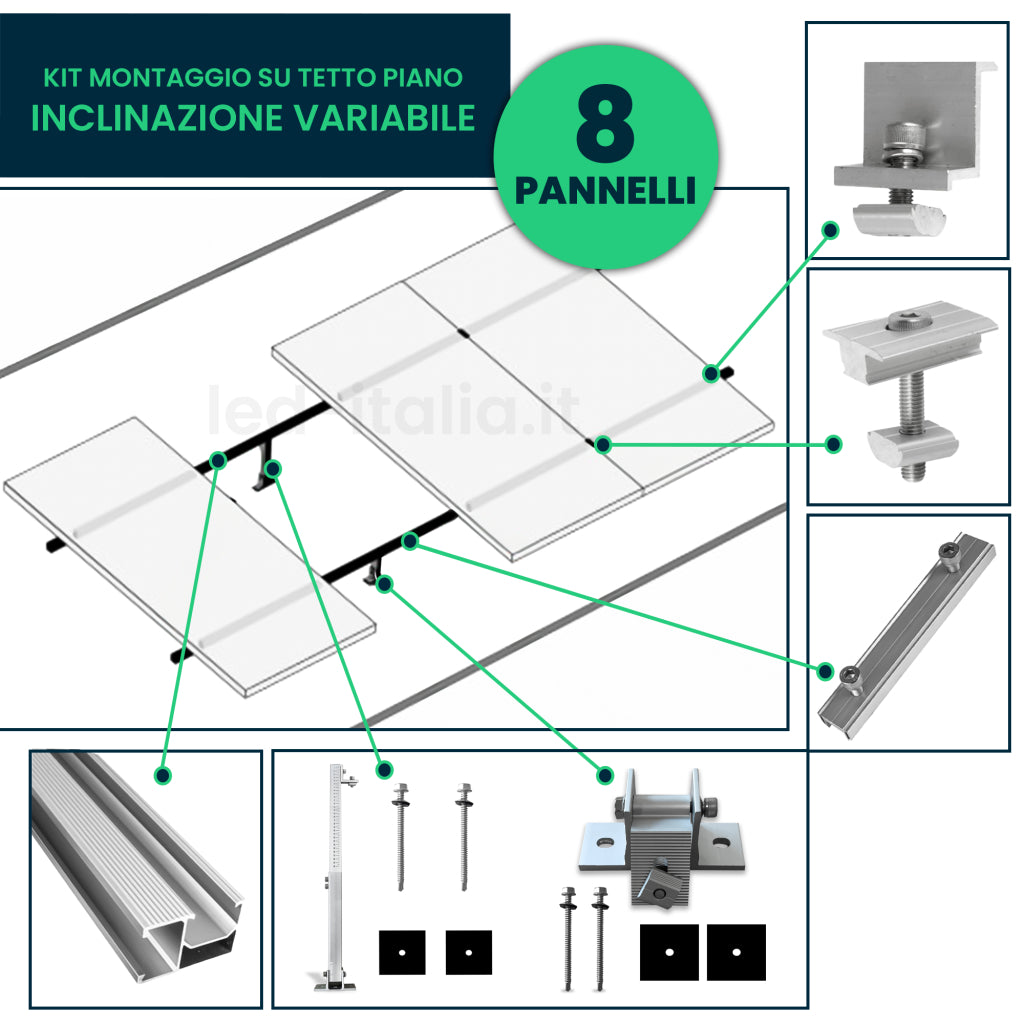 Kit Struttura per 8 Pannelli 30mm Tetto Piano Inclinazione Variabile