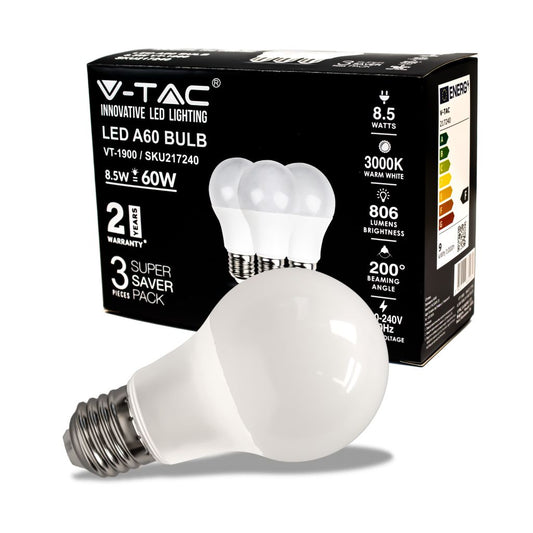LED Bulb - 8.5W E27 A60 Thermoplastic 3000K 3PCS/PACK