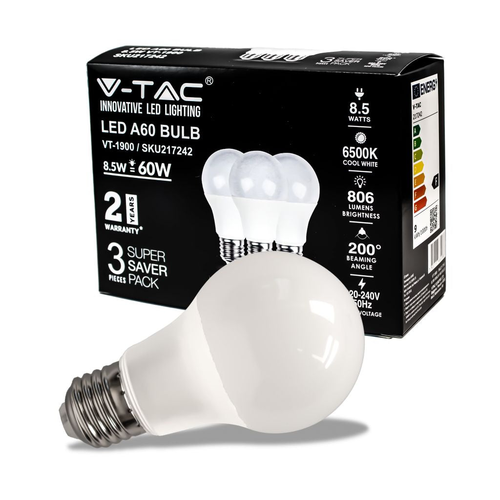 LED Bulb - 8.5W E27 A60 Thermoplastic 6500K 3PCS/PACK
