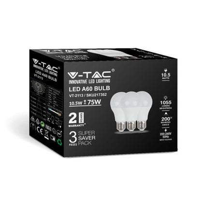 10.5W A60 Led Plastic Bulb 3000K E27 3Pc/Pack