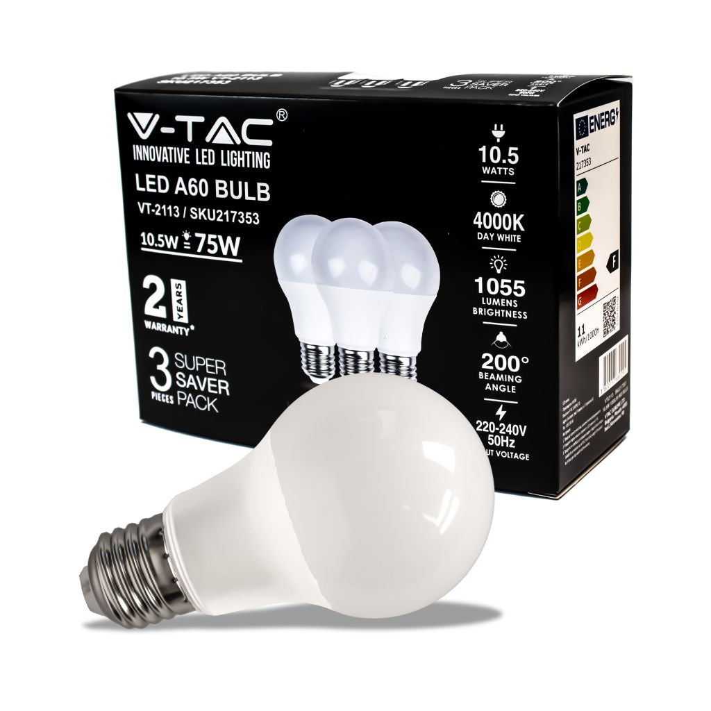 LED Bulb - 10.5W E27 A60 Thermoplastic 4000K 3PCS/PACK