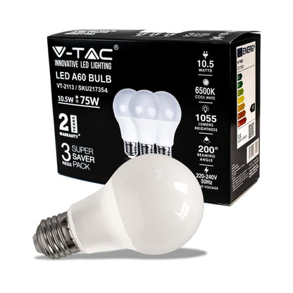 LED Bulb - 10.5W E27 A60 Thermoplastic 6500K 3PCS/PACK