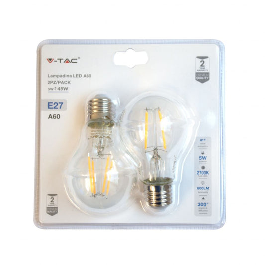 A60-E27-5W-FILAMENT CLEAR COVER-2700K 2PCS BLISTER PACK