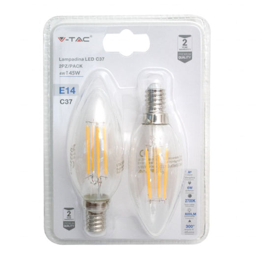 VT-2426 6W CANDLE FILAMENT BULB-CLEAR COVER  COLORCODE:2700K E14 2PC BLISTER PACK