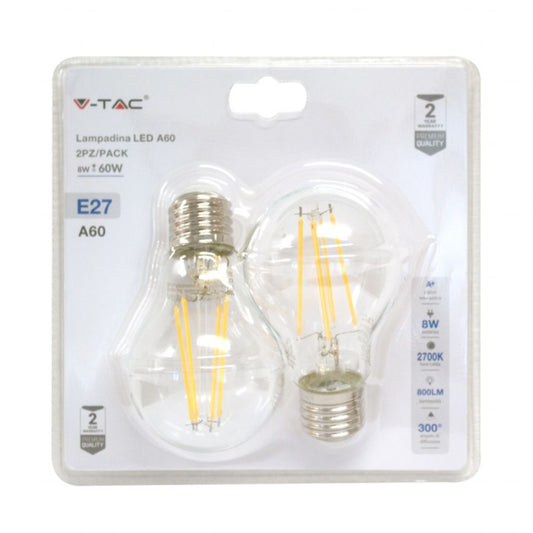 VT-2418 8W A60 FILAMENT BULB-CLEAR COVER  COLORCODE:2700K E27 2PC BLISTER PACK