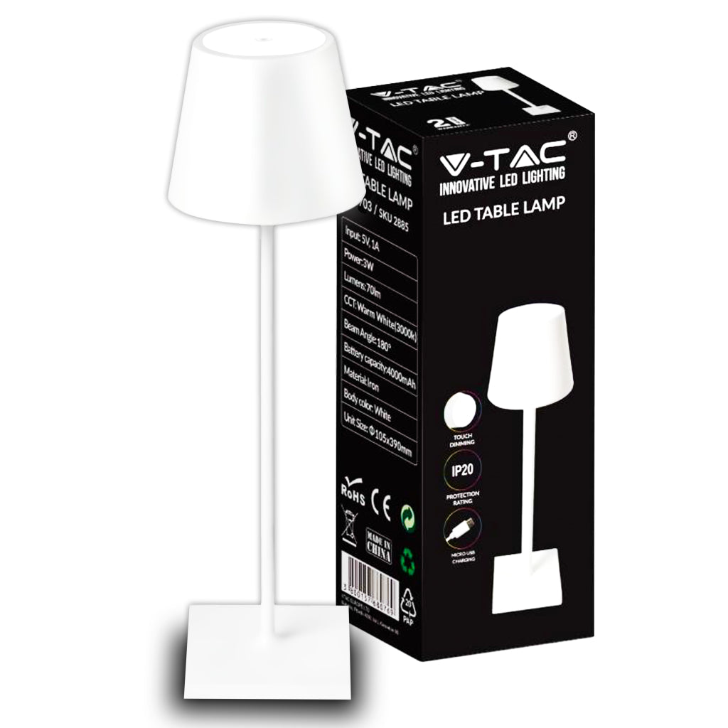 3W Led Table Lamp Rechargeable Touch Dimmable White Body 4000K