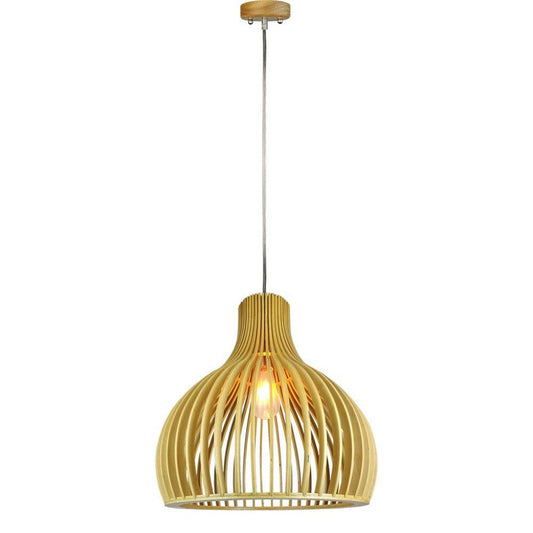 Wooden Pendant Light With Chrome Decorative Cap + Canopy + Lampshade Round D350*450MM