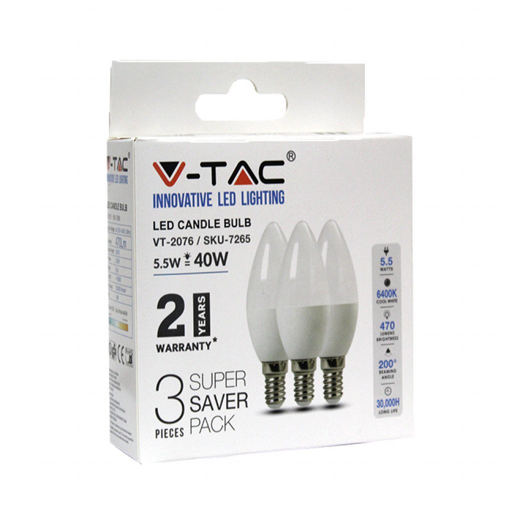 LED Bulb - 5.5W E14 Candle 6400K - Saver Pack (Box 3 pezzi)