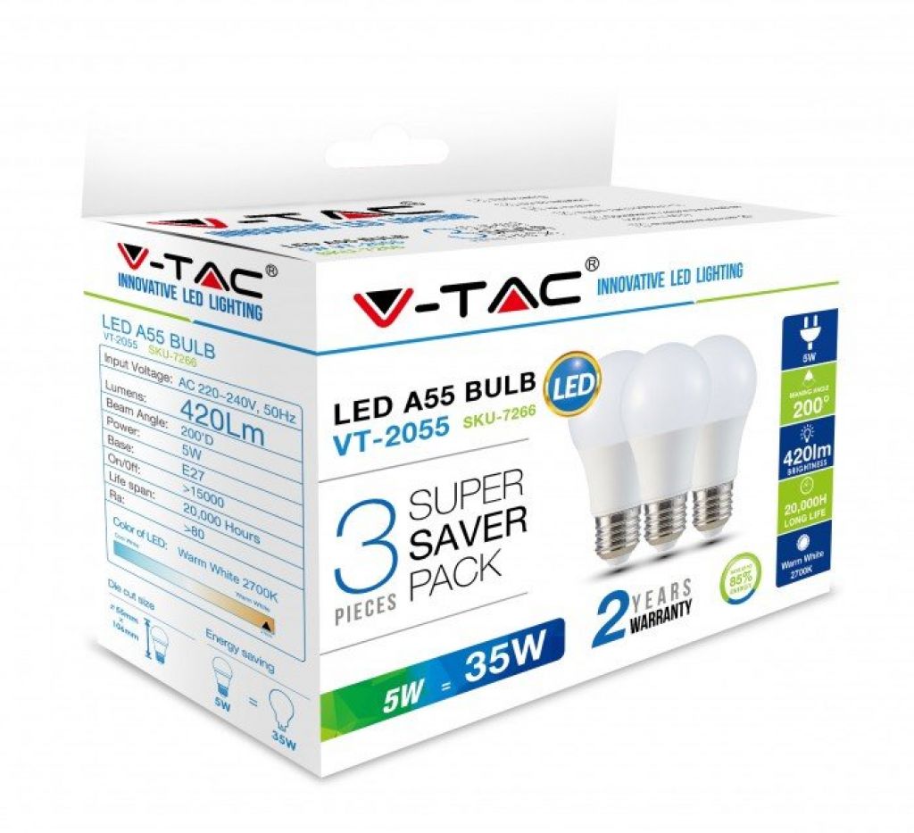 LED Bulb - 5W E27 A55 Thermoplastic 2700K (Box 3 pezzi)