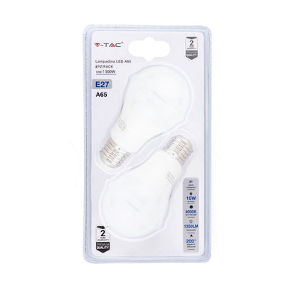 LED Bulb - 15W E27 A65 Thermoplastic 4000K (Blister 2 Pezzi)