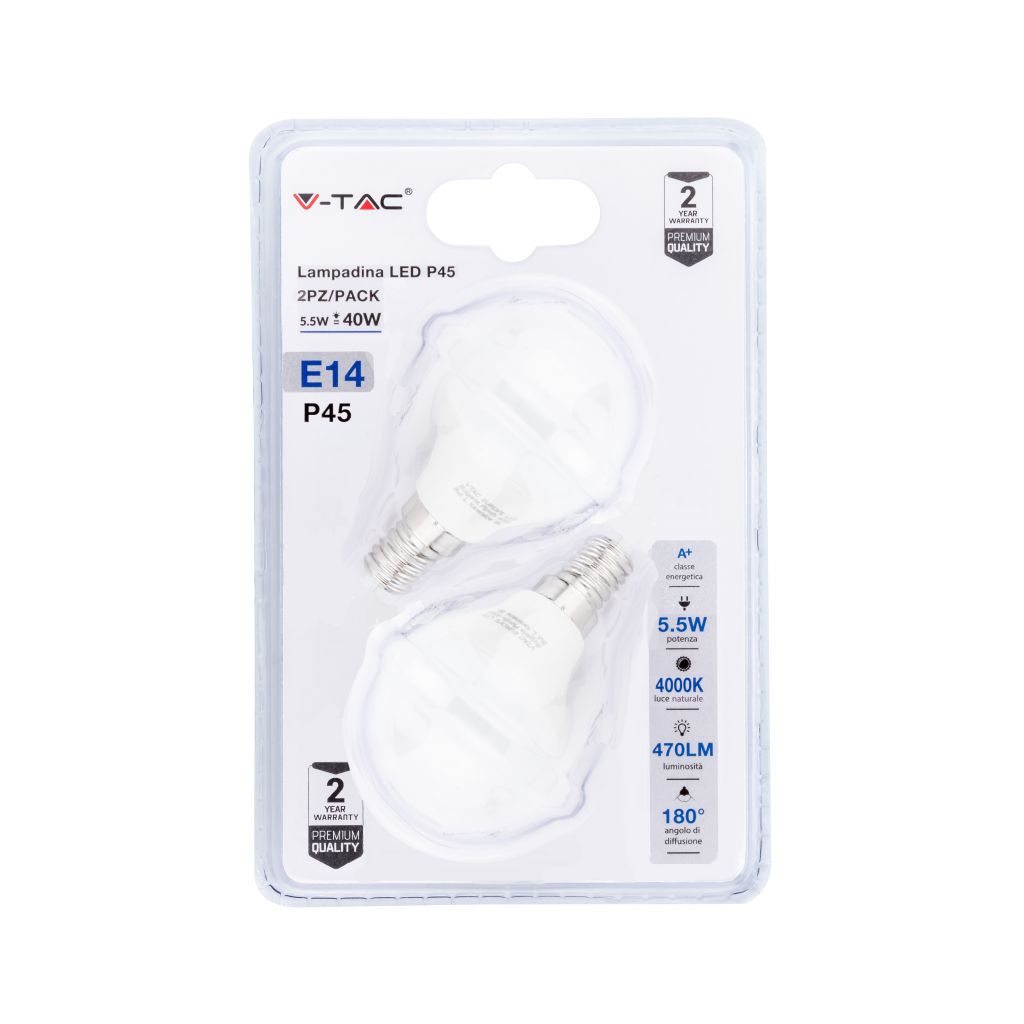 LED Bulb - 5.5W E14 P45 Plastic 4000K (Blister 2 Pezzi)