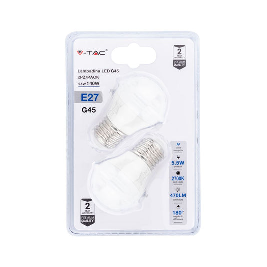 LED Bulb - 5.5W E27 G45 Plastic 2700K (Blister 2 Pezzi)