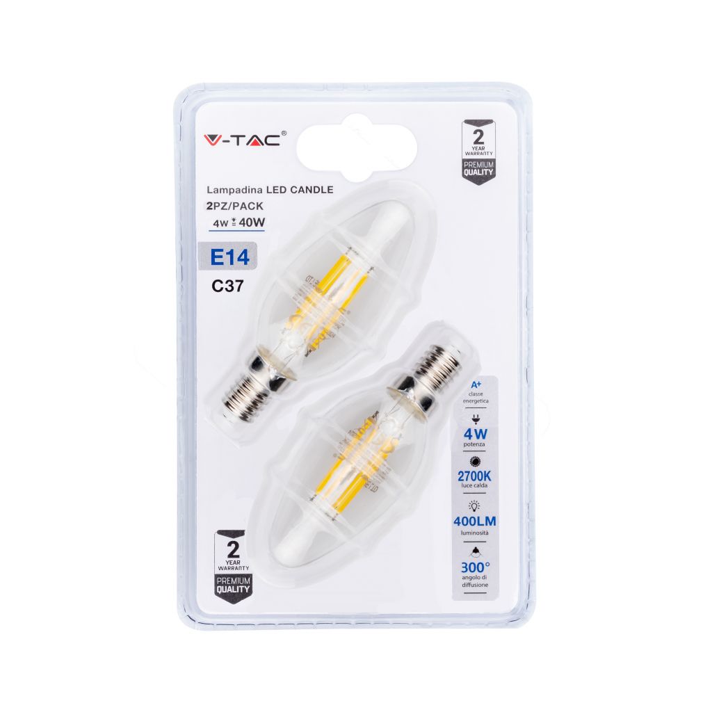 LED Bulb - 4W E14 Cross Filament Candle Clear Cover 2700K (Blister 2 pezzi)
