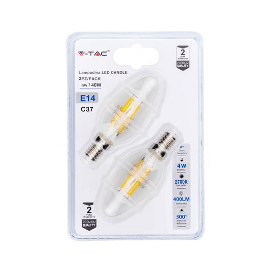 LED Bulb - 4W E14 Cross Filament Candle Clear Cover 2700K (Blister 2 pezzi)