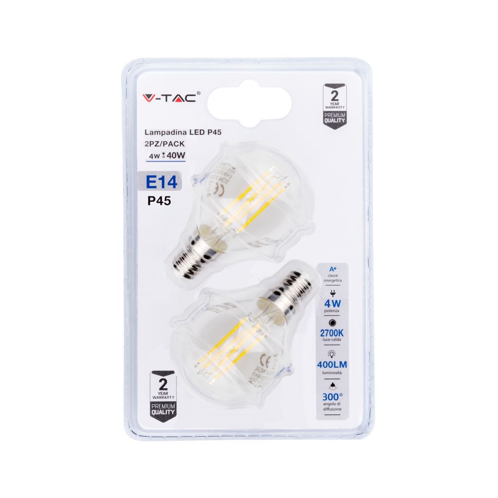 LED Bulb - 4W Cross Filament E14 P45 Clear Cover 2700K (Blister 2 Pezzi)
