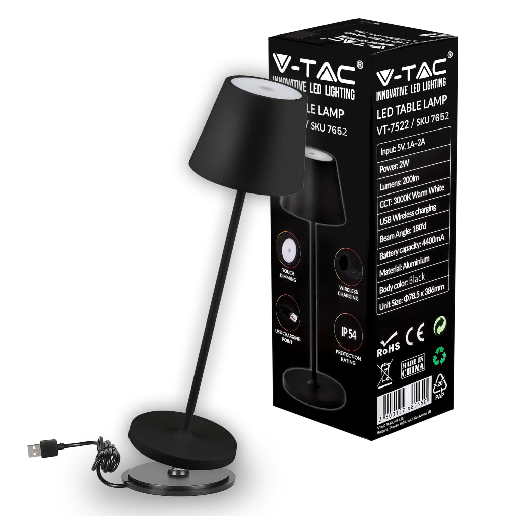 Led 2W Table Lamp(4400Ma Battery) 3000K Ip54 Black Body
