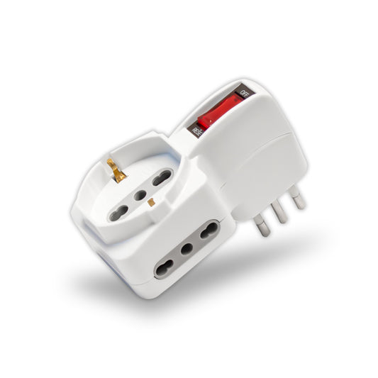Adattatore Spina 10A 2 prese 2P+T 10/16A Bipasso+ 1 Presa Bipasso/Schuko Con Protezione da Sovraccarico