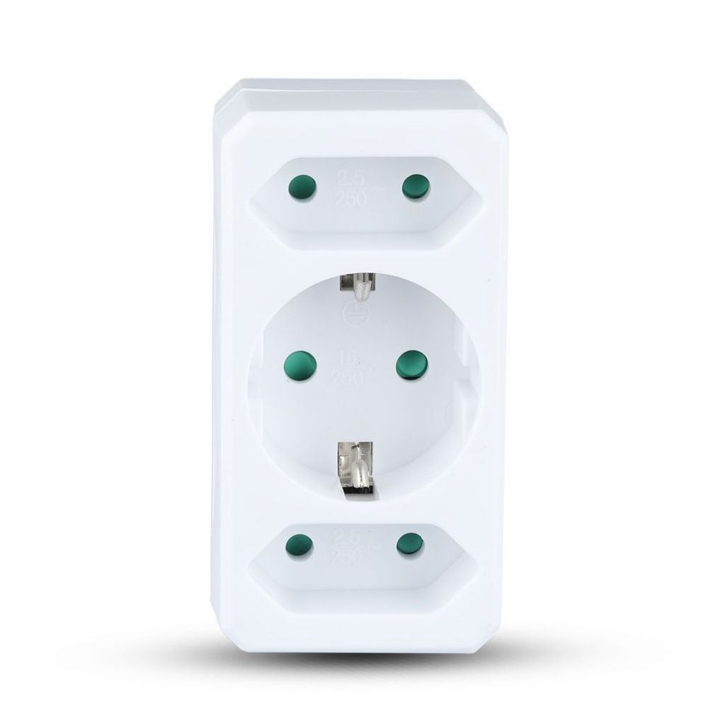 2 Ways Adapter With 2 Euro Socket 10A , 1 Socket 10/16A 250V ( Label+ Polybag ) White