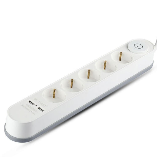 5 Ways Socket With Lighted Switch & 2 Usb Port 3G 1.5mm*3M White