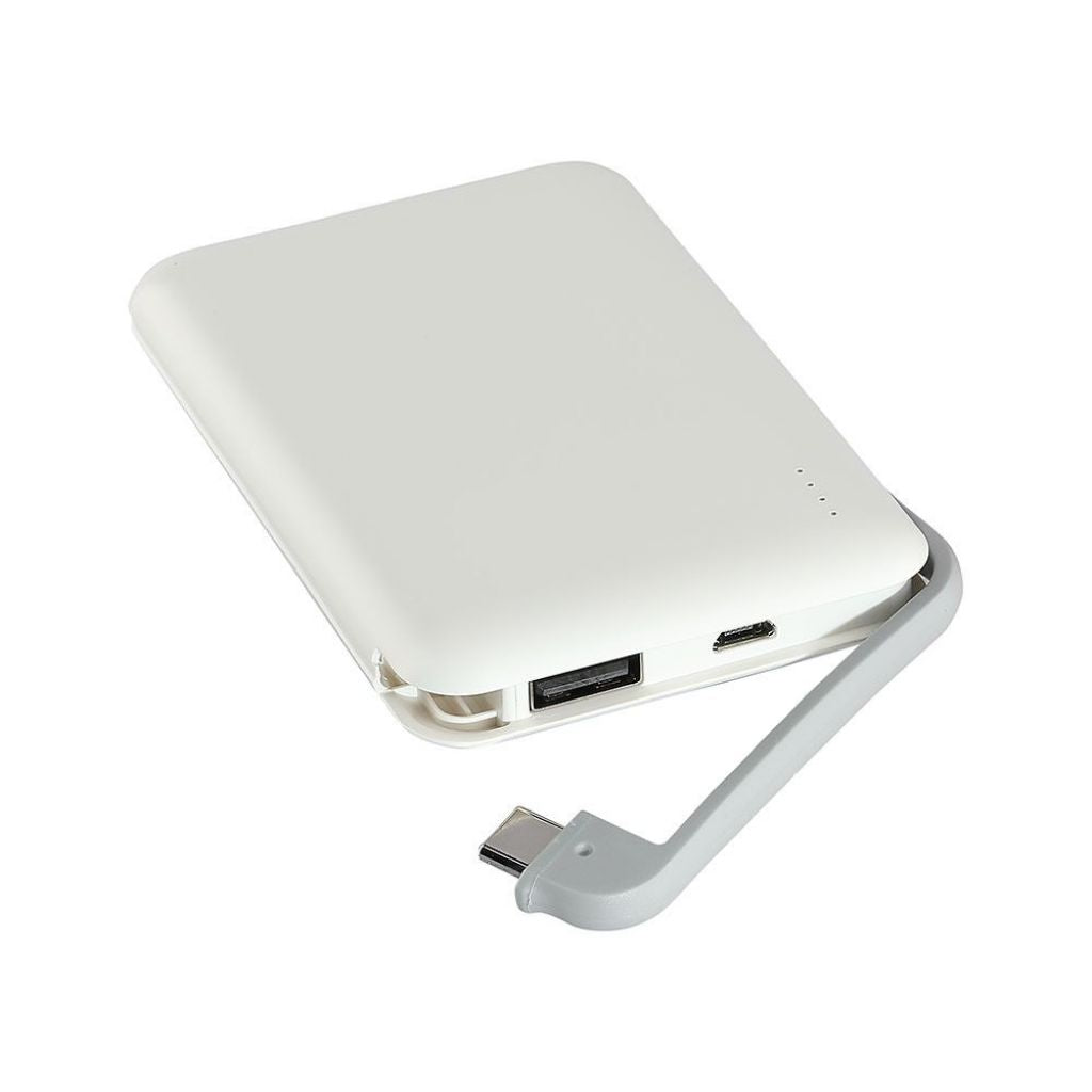5K Mah Power Bank With Led Light Display & Built In Cable  White