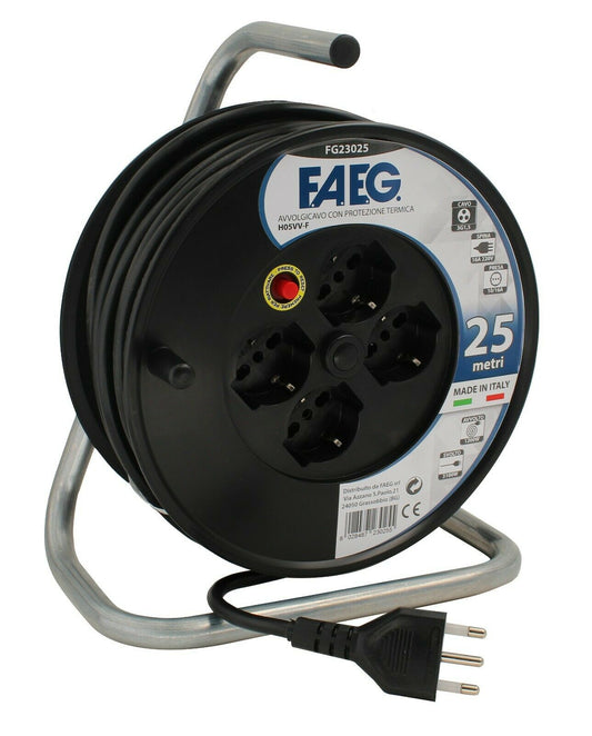 FAEG AVVOLGITORE 50 metri • FG23155 • SPINA STAMPATA SUL CAVO 2P+T 16A • 4 PRESE SCHUKO BIPASSO 2P+T 10/16A IP20D
